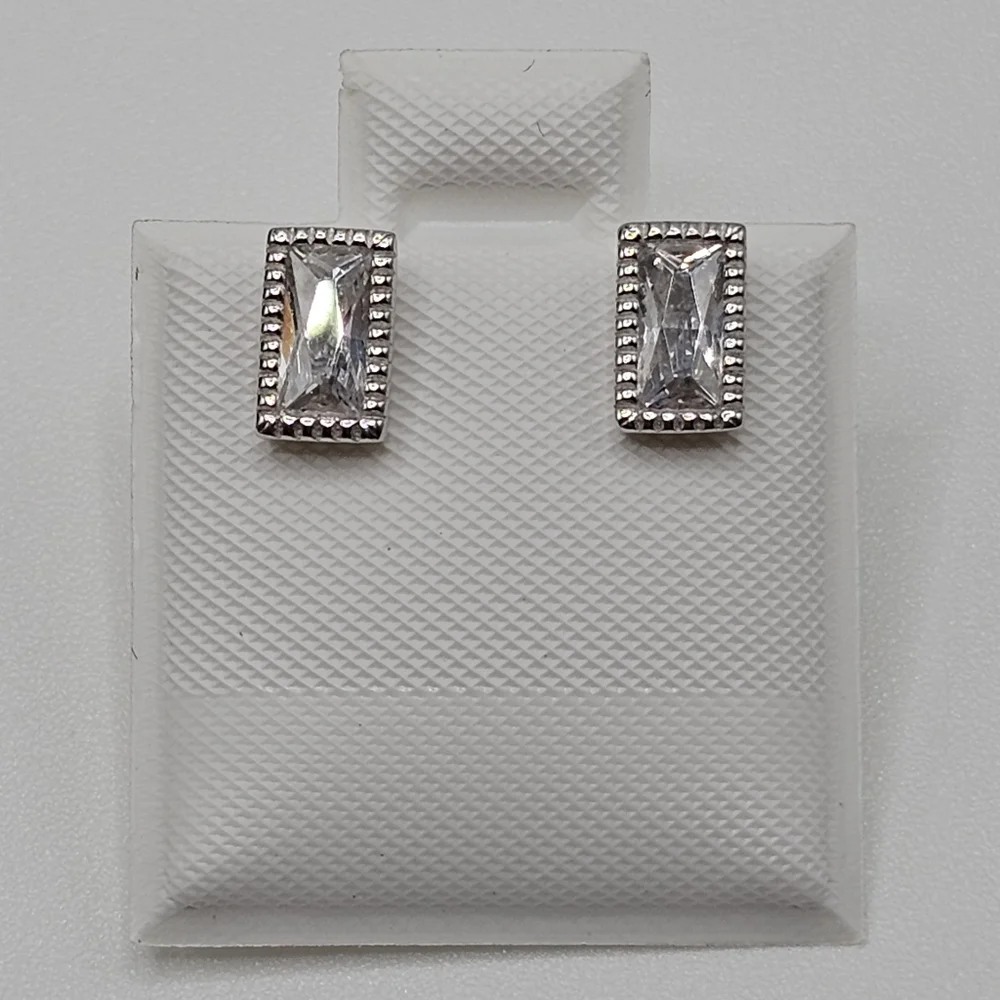 Sterling Silver 925 Rhodium Plated Rectangle Clear CZ Stud Earrings